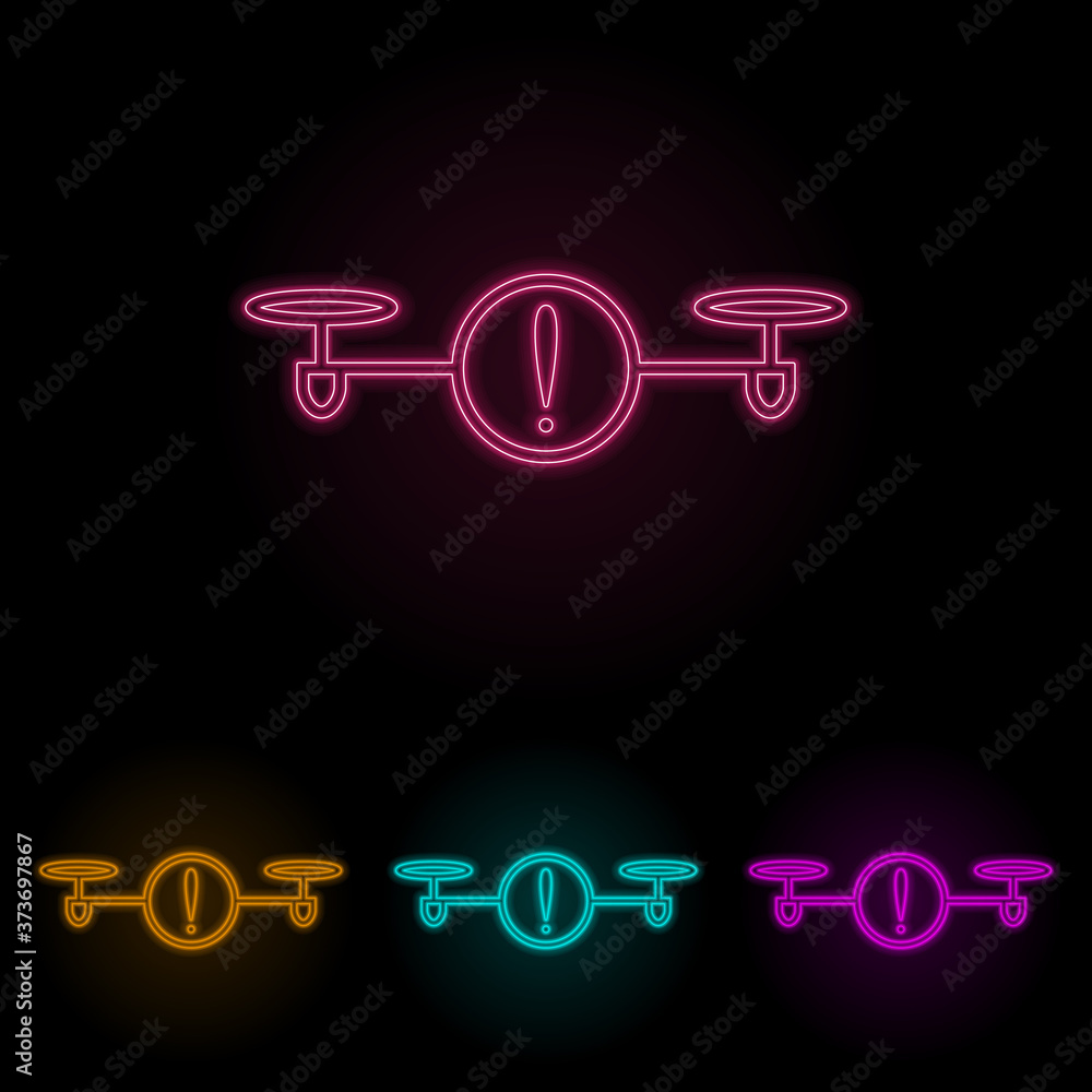 Poster attention drone color neon set. simple thin line, outline vector of drones icons for ui and ux, webs