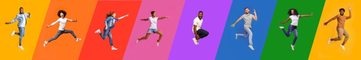Collage of joyful jumping multicultural people in air on bright colorful backgrounds