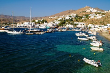 Boats at the port of Ios island in Cyclades islands, Greece,  July 20 2008.