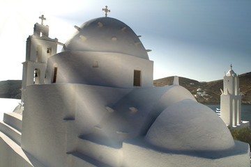 View of Agia Irini church at Ios island in Cyclades, Greece.