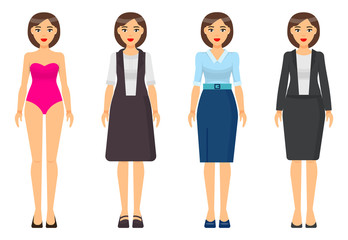 Fototapeta na wymiar Set of cartoon characters. Woman brunette with short haircut wearing different clothes. Girl in pink underwear. Businesslady wear brown dress, blue skirt and blouse, grey office suit with jacket