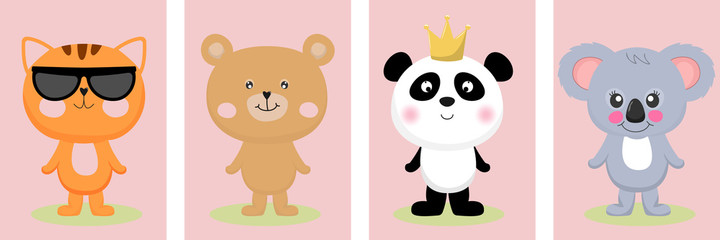 Obraz na płótnie Canvas Cute cartoon characters animals panda, cat, bear, koala, kawaii flat style.