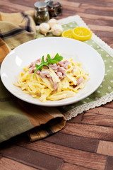 tasty Carbonara pasta on the table