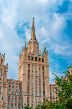 Old high-rise building in the center of Moscow, panorama of the city street in summer