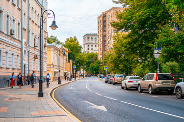 Fototapeta na wymiar Moscow / Russia - 16 Aug 2020: Beautiful summer streets of Moscow, city life and architecture