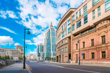 Fototapeta na wymiar Moscow / Russia - 16 Aug 2020: Panoramic view of Moskovskaya street with a view of the high-rise business center 
