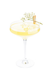 Glass of tea with lemon zest and cinnamon stick isolated on white background. Drinks menu concept