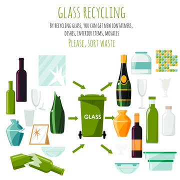 Used Plastic Items And Items Made From Recycled Glass. New Life For Glass. Examples Of Used Glass Products. Vector Illustration. Items On White Background