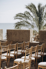 rows of wooden chairs for the wedding ceremony on palm tree background. outdoor event