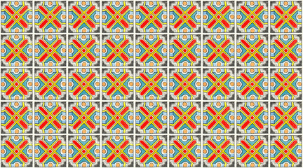 Obraz premium Azulejos em aquarela estilo português. Arte geométrica em tinta e nanquim em papel texturizado com replicação em padrões coloridos. Superfície de lajotas antigas. Ladrilhos detalhados alta resolução