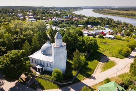 Aerial view of city landscape of Kasimov on Oka river with oldest Khan mosque, Russia.