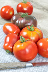 plusieurs tomates sur un torchon de cuisine