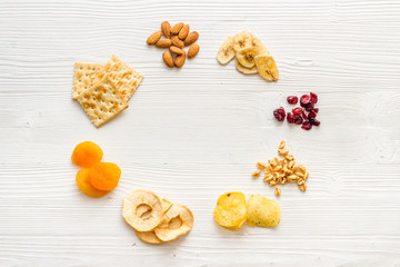 Frame of nuts overhead with dried fruits and other snacks top view