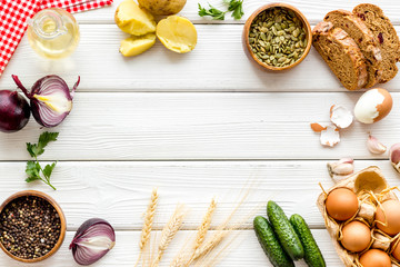 Frame of food background. Dinner table with fresh homemade food. Top view