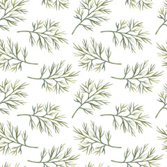 Watercolor seamless pattern with dill on the light background. Bright cartoon hand-painted illustration.