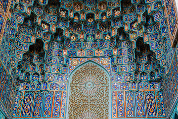 Muslim ornaments at the Blue Mosque in Saint Petersburg, Russia. Traditional Geometric islamic blue mosaic patterns. Close Up photo