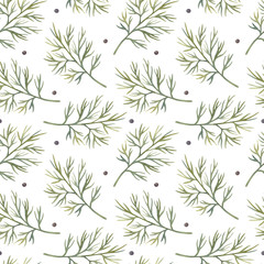 Watercolor seamless pattern with dill and black pepper on the light background. Bright cartoon hand-painted illustration.