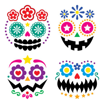 Halloween and Dia de los Muertos skulls and pumpkin faces vector color design - Mexican sugar skull style decoration

