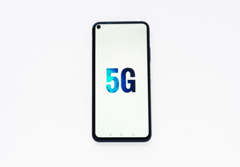 New 5G wireless internet connection. A global high-speed network. 5G symbol on the phone, place for text, on a white background