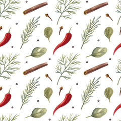Watercolor seamless pattern with dill, rosemary, red chili, spinach, carnation, cinnamon, and black pepper on the light background. Bright cartoon hand-painted illustration.