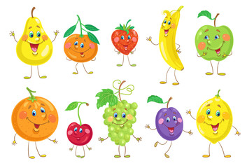 Cute colorful fruits. Pear, tangerine, strawberry, banana, apple, orange, cherry, grape, plum, and lemon. In cartoon style. Isolated on white background. Vector flat illustration.