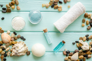 Lauout of blue sea spa cosmetics. Top view