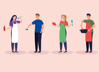 Naklejka premium group of young people cooking, avatar characters vector illustration design