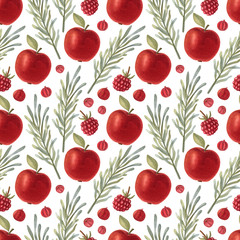 Watercolor seamless pattern with apple, rosemary, red ribes, and raspberry on the light background. Bright cartoon hand-painted illustration.