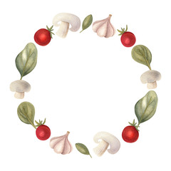 Watercolor round frame with herbs, mushrooms, tomato, and garlic. Hand-drawn floral illustration with space for text. Design for invitations, greeting cards, posters, and decor.