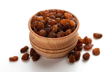 Top view of raisins isolated on white background