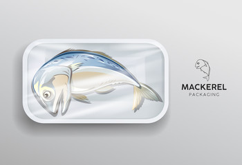 Mackerel fish one, in white foam tray wrapped in plastic packaging, design popular food in thailand on gray background, Eps 10 vector illustration