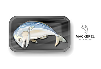 Mackerel fish one, in foam tray wrapped in plastic packaging, design popular food in thailand on gray background, Eps 10 vector illustration