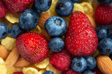 Healthy eating, food concept. Bowl of corn flakes and fresh berries and fresh fruits on the green grass.