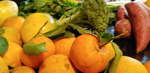 A small variety of fruits and vegetables that have just arrived from the organic fair.