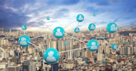 Social network icons over the cities.