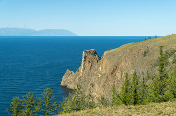Cape Khoboy, rocky coast. Northern tip of Olkhon island on lake Baikal. concept of travel.
