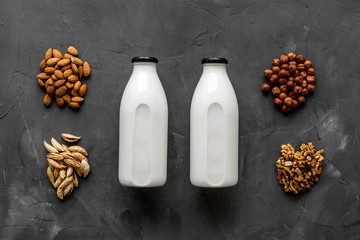 Top view of non-dairy lactose free milk with nuts