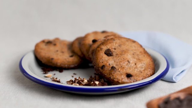 Chocolate chip cookies on a plate on a white background