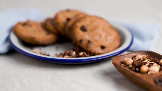 Chocolate chip cookies on a plate on a white background
