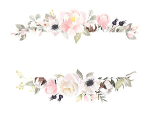 Watercolor hand painted green floral banner with green leaves, herbs, branches, wildflowers and berries.