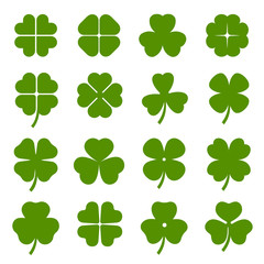 Clover leaves with four and three petals green icons set. Shamrock plant, grass.