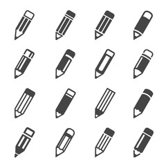 Pencils, pens assortment bold black silhouette icons set isolated on white. Crayons, felt-tip markers.