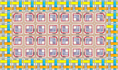 Azulejos em aquarela estilo português. Arte geométrica em tinta e nanquim em papel texturizado com replicação em padrões coloridos. Superfície de lajotas antigas. Ladrilhos detalhados alta resolução