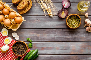 Country dinner table with fresh homemade food. Overhead view