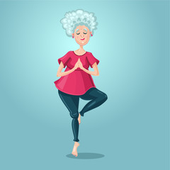 Old lady yoga. Grandmother in the asana position. Cartoon character on isolated background. Sport grandma. Senior adult healthy lifestyle.