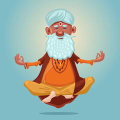 Indian guru yoga. Grandfather in the asana position. Cartoon character on isolated background. Old man meditating in a lotus pose.