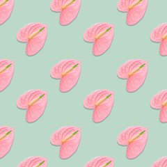 Pattern of pink flowers on a pastel green background.