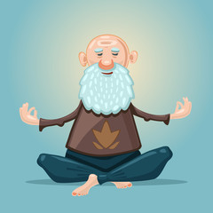 Old man yoga. Grandfather in the asana position. Cartoon character on isolated background. Sport grandpa. Senior adult healthy lifestyle.