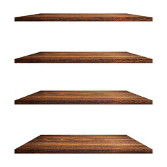 4 Wood shelves table isolated on white background and display montage for product.