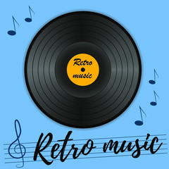 Vinyl record for gramophone. Vector black realistic plate with retro music on a blue background.